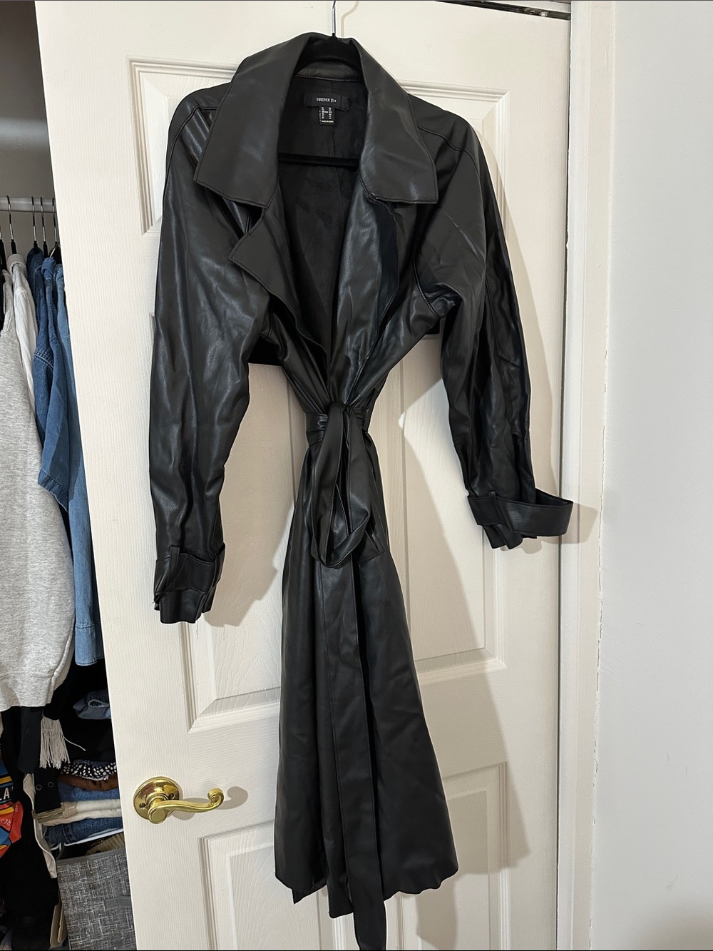 Forever 21 Black Faux Leather Tie-Waist Trench Coat